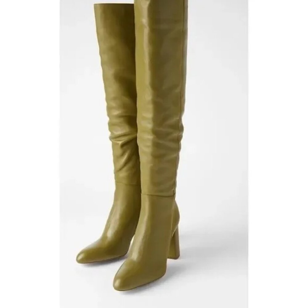 ZARA NWT GREEN LEATHER HIGH HEEL BOOTS OVER THE KNEE SIZE US7.5/38 Bloggers Fav